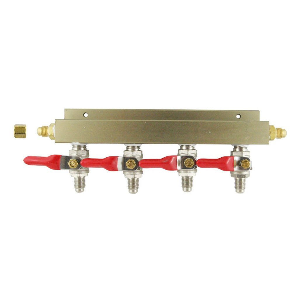 ALUMINUM AIR DIST, 4-OUT 1/4"MFL-SHUTOFF (WITH CK)