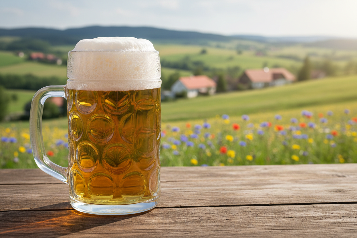 a bohemian pilsner in the traditional mug with a thick head in the Czech countryside
