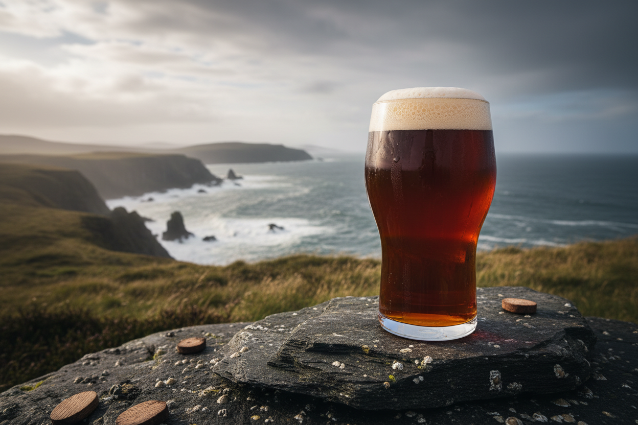 a dark copper, light ruby wee heavy in an imperial pint glass in the scottish isle