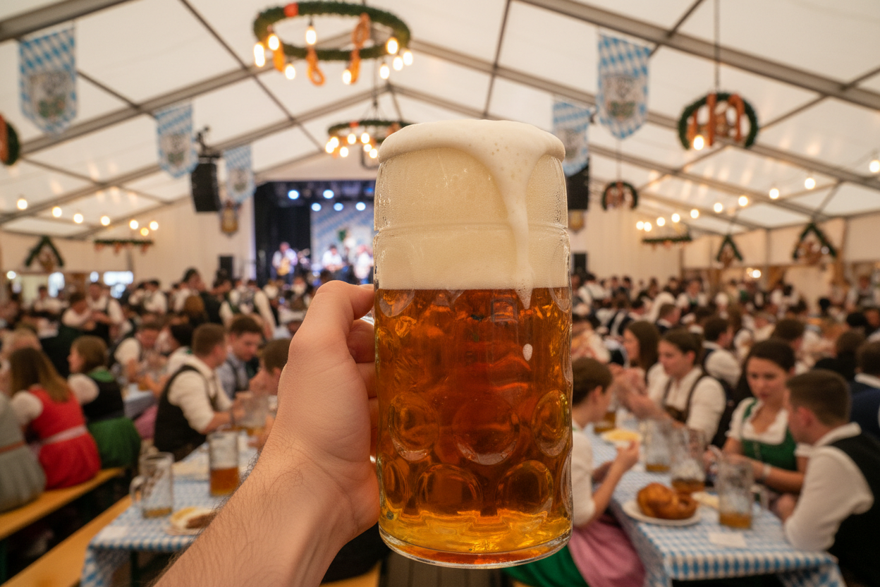 a liter stein of frothy dark straw beer in an oktoberfest tent