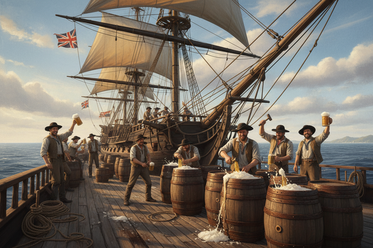 a Victorian british ship on it's way to india, with all the sailors tapping wooden kegs to pour frothy IPAs into their mugs