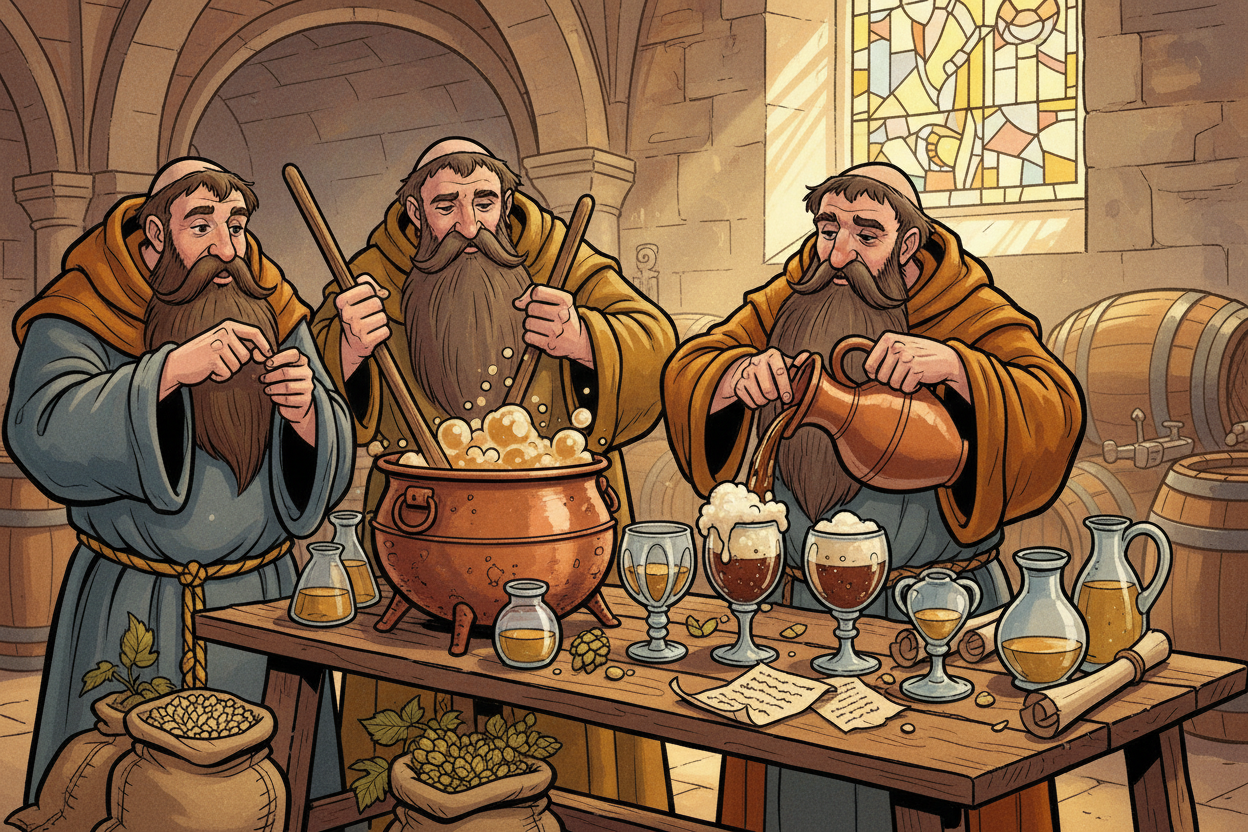 belgian monks masterfully crafting a belgian dubbel on a workbench