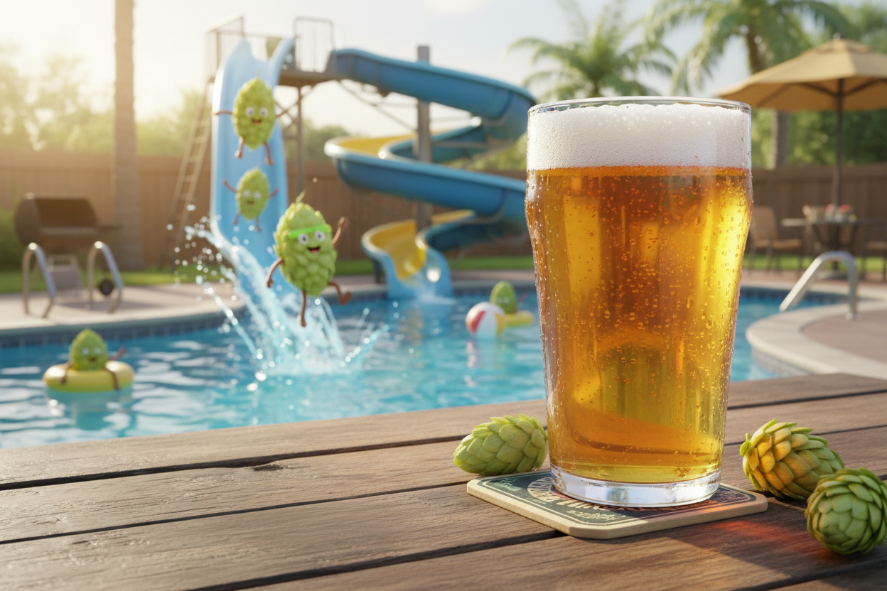 cream ale sitting on a table in front of a back yard pool with anthropomorphized hop cones sliding down the water slide