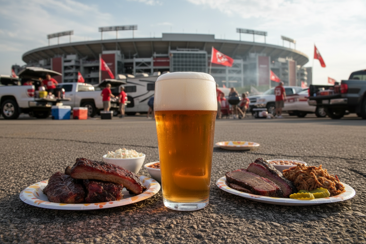 remove the lettering on the top of the stadium and add plates of BBQ around the glass of beer