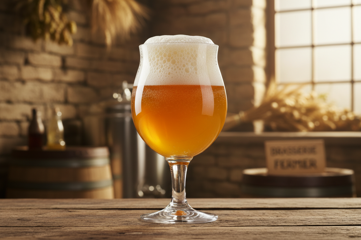 The fruity sweet aroma of this golden-orange saison is followed by complex fruity, spicy, and soft malt flavors while finishing dry and tart. The long-lasting rocky ivory head fades resulting in traditional Belgian lace on the glass. Saisons were originally produced in the French-speaking section of Belgium at the end of the cool season to last through the warm months. The brew had to be sturdy enough to last for months, but not too strong to be thirst quenching and refreshing in the summer.