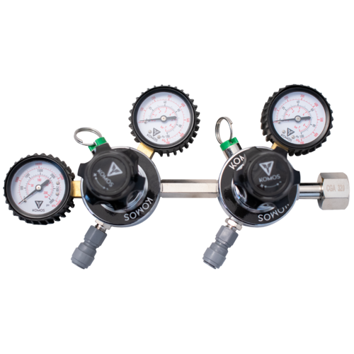 KOMOS® Premium Dual Body CO2 Regulator | Industrial-Grade | 0–60 PSI Operating Range | 1/4" Flare Fittings with Barbed Outlet & Duotight Adapter Fittings