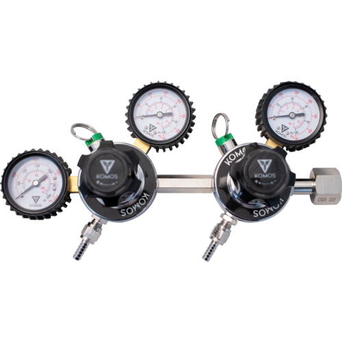 KOMOS® Premium Dual Body CO2 Regulator | Industrial-Grade | 0–60 PSI Operating Range | 1/4" Flare Fittings with Barbed Outlet & Duotight Adapter Fittings