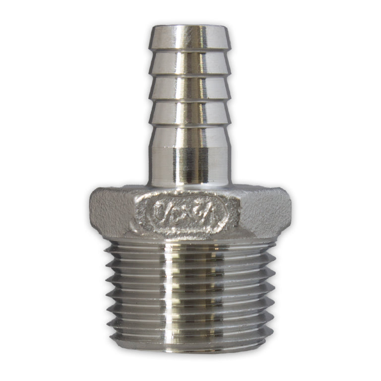 STAINLESS STEEL 3/8" BARBED HOSE FITTING - 1/2" MALE NPT