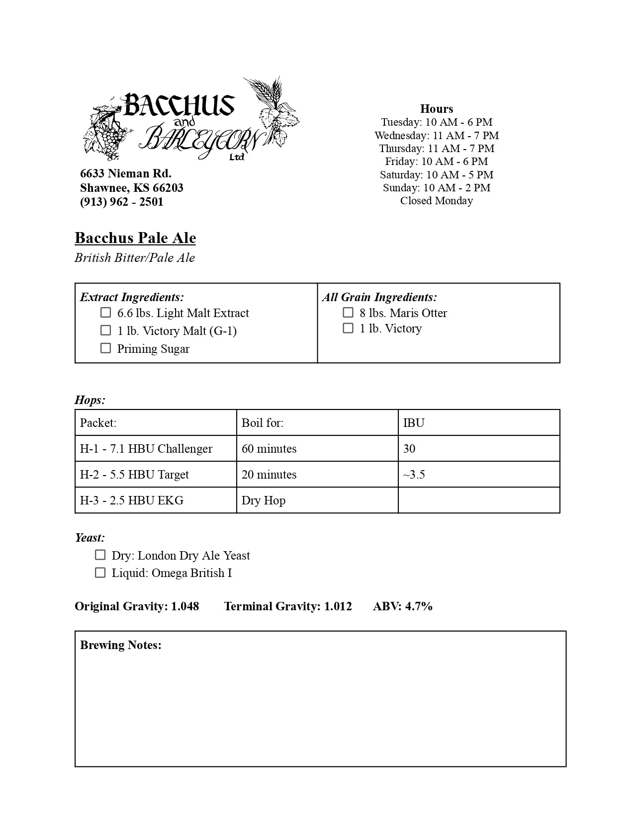 Bacchus Pale Ale (British Bitter/Pale Ale)