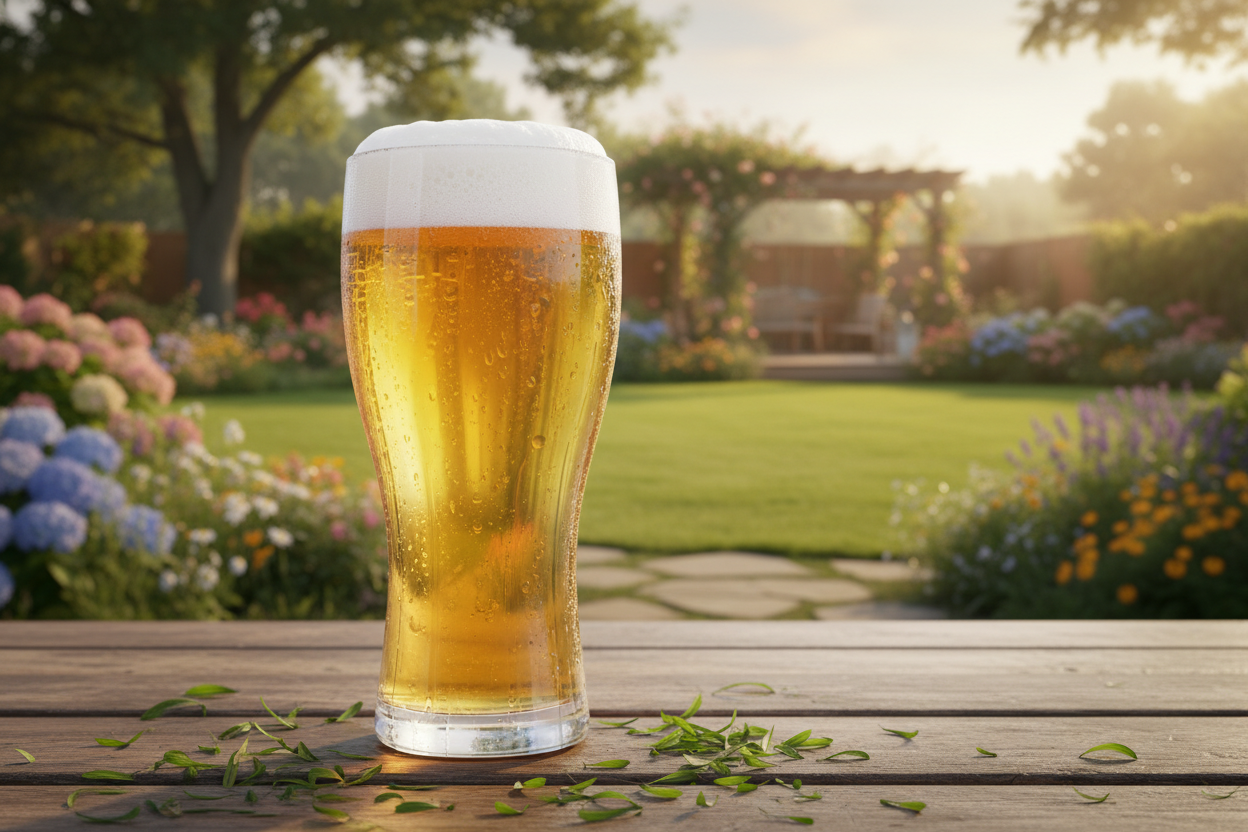 a crispy beer in a glass with condensation and grass clippings everywhere with a beautiful back yard in the background