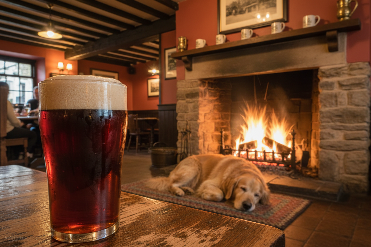 a frothy brown ale in a pub with a golden retriever napping in front of a fireplace