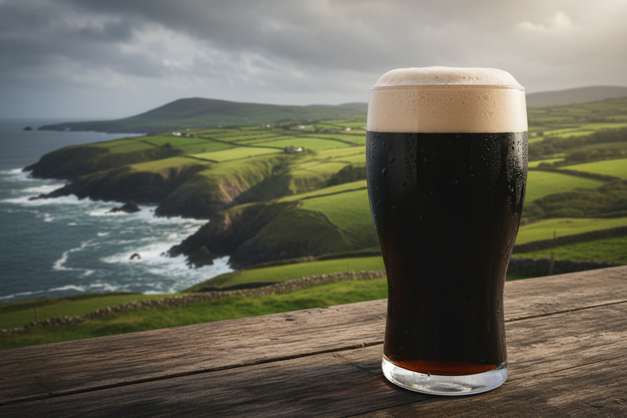 a frothy, dry irish stout with a backdrop of emerald Irish hillsides and coastline
