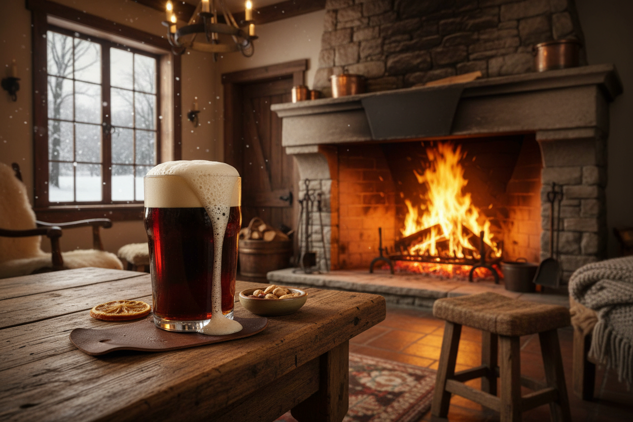 a frothy porter sitting on a cozy table with a fireplace in the background with a roaring fire in it. a window in the background showing snow outside
