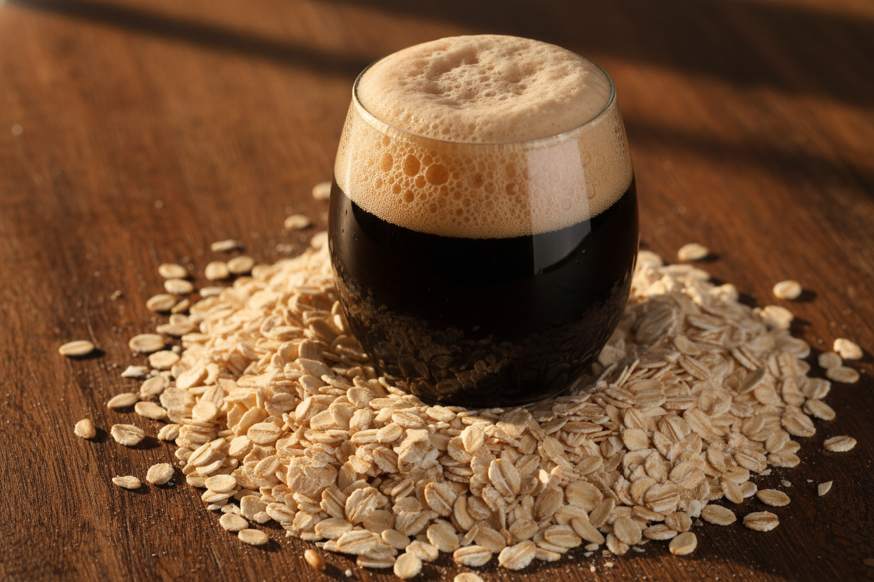 a frothy stout in a pile of flaked oats