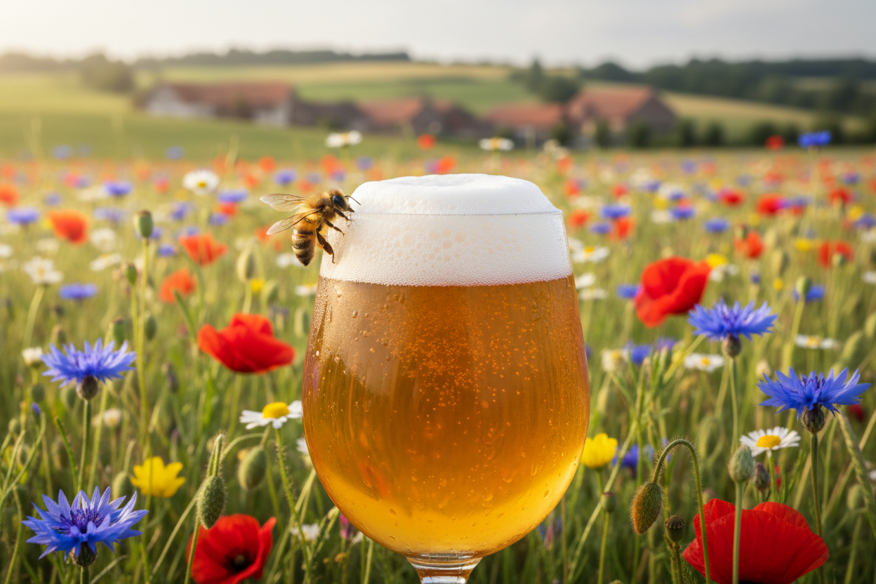 a honey bee on a golden ale in a flower field in belgium