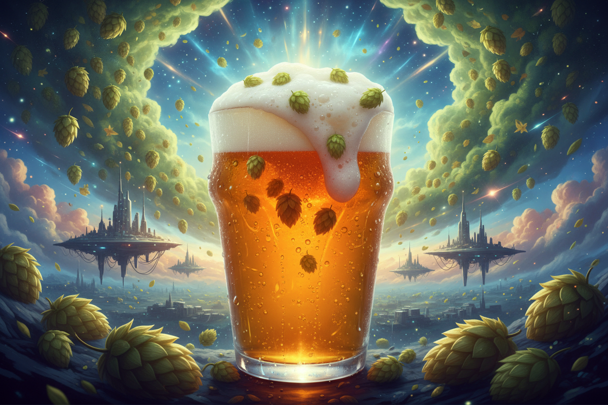 a sci fi humulus cloud scene with hop cones incorporated with a big frothy IPA in the foreground