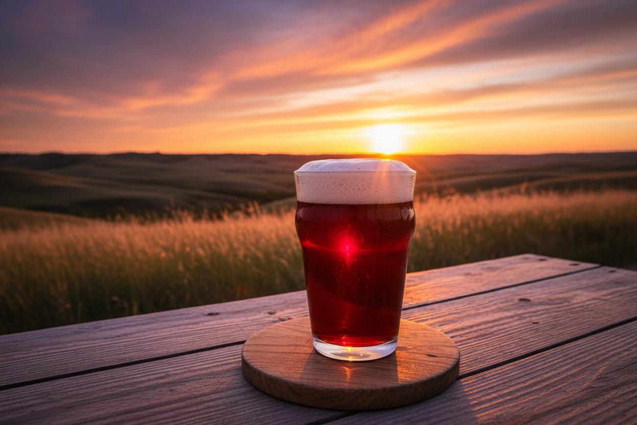 a vibrant, colorful sunset over the rolling flint hills with a ruby red beer in the foreground with a nice frothy head 
