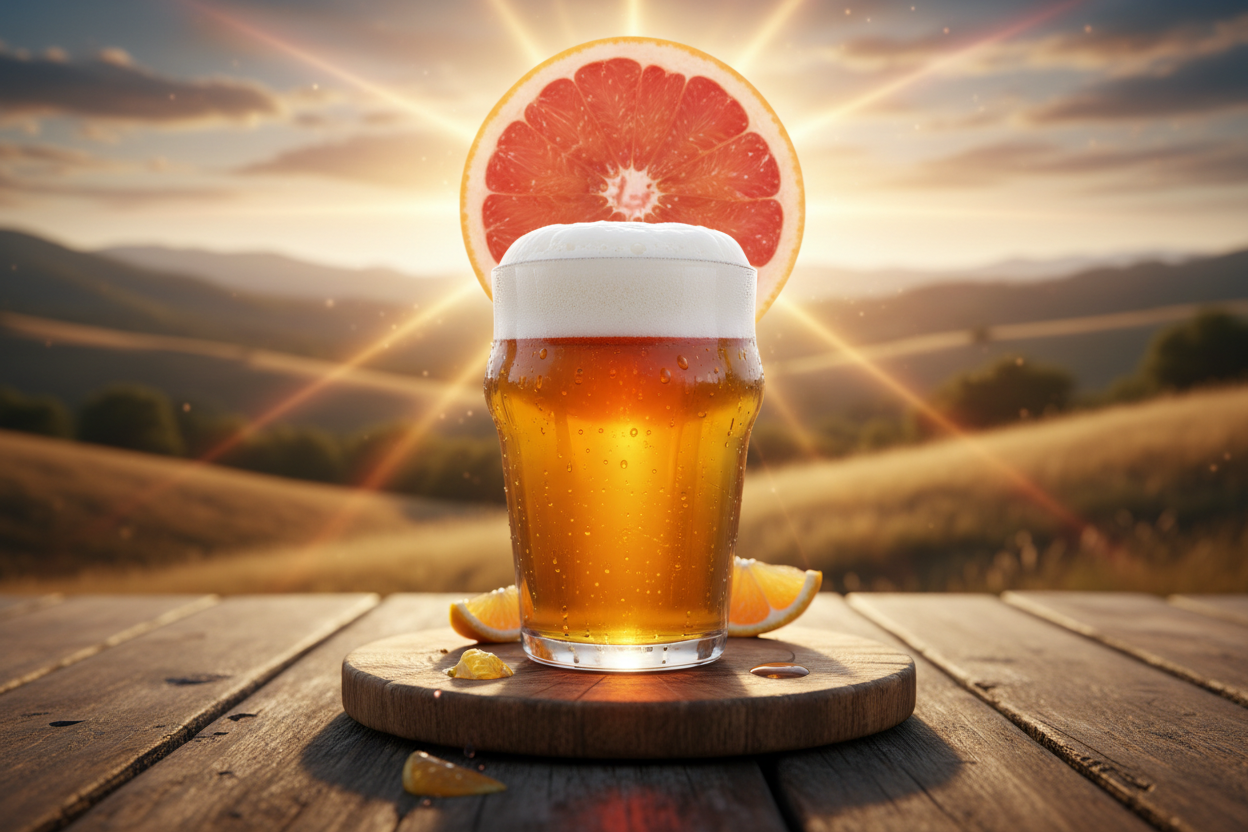 can we have the beer outside with a grapefruit as the sun in the background?