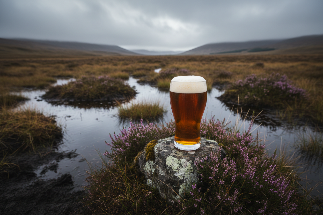 frothy scottish export beer in the thick of a scottish bog