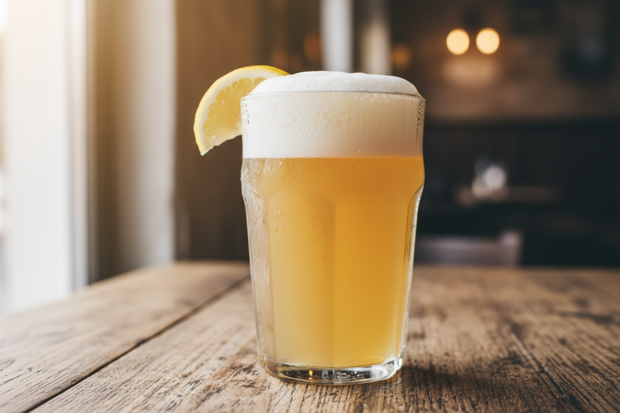 redo this image with the beer on a table and have the lemon wedge on the edge of the glass